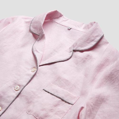 Blush Pink Linen Pajama Shirt Detail Piglet in Bed