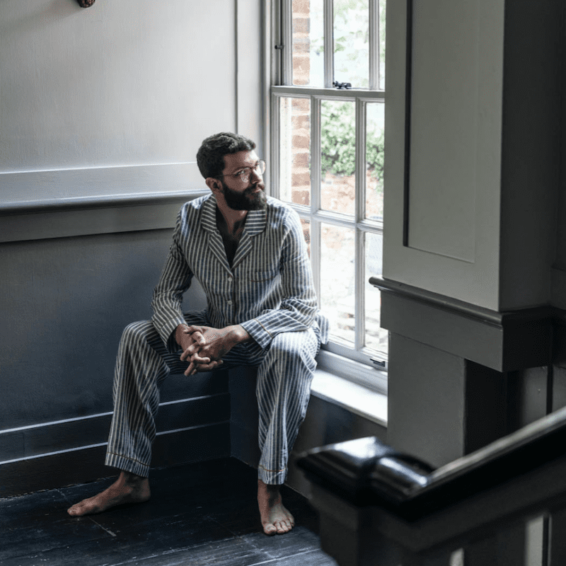 Linen Pyjama Midnight Stripe Piglet in Bed lifestyle1