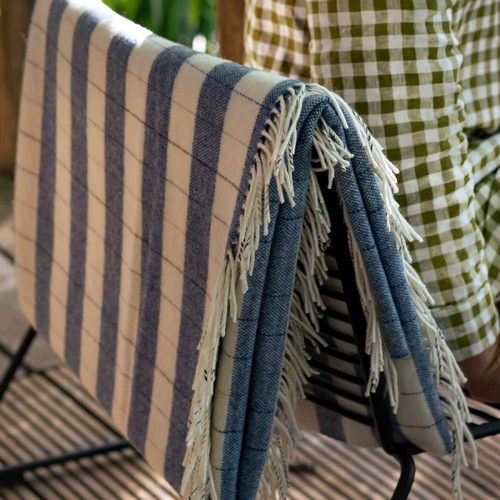 Piglet in Bed Checked Stripe Wool Blanket Warm Blue Lifestyle 3