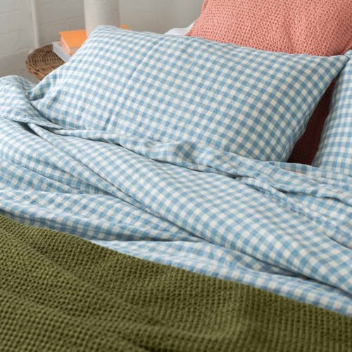 Piglet in Bed Gingham Linen Bedding Warm Blue Lifestyle 5.1