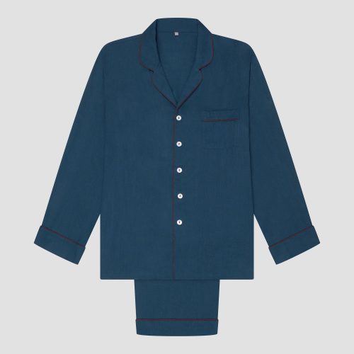 PigletinBed Men sLinenTencelPJ MarineBlue TrousersSet