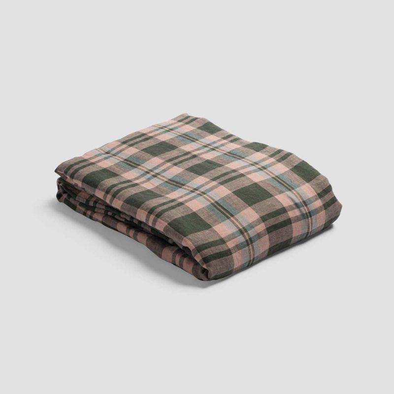 PigletinBed PlaidCheckLinenBedding DuvetCover FernGreen 1 GreyBG