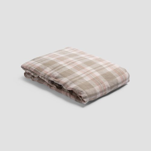 PigletinBed PlaidCheckLinenBedding FittedSheet Taupe 1 GreyBG