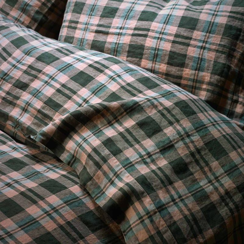 PigletinBed PlaidCheckLinenBedding FlatSheet FernGreen Lifestyle 1