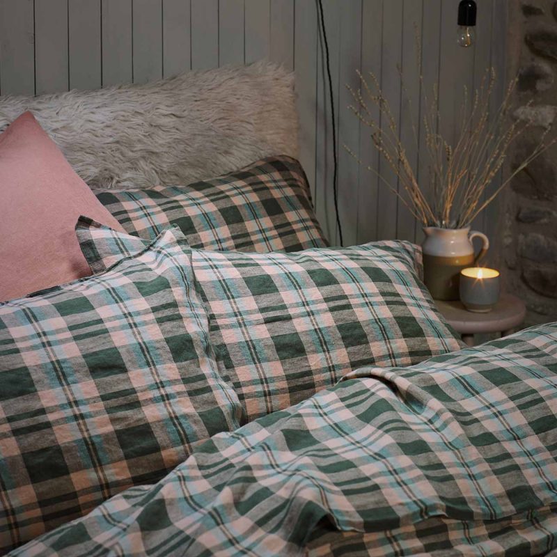 PigletinBed PlaidCheckLinenBedding Pillowcase FernGreen Lifestyle 1