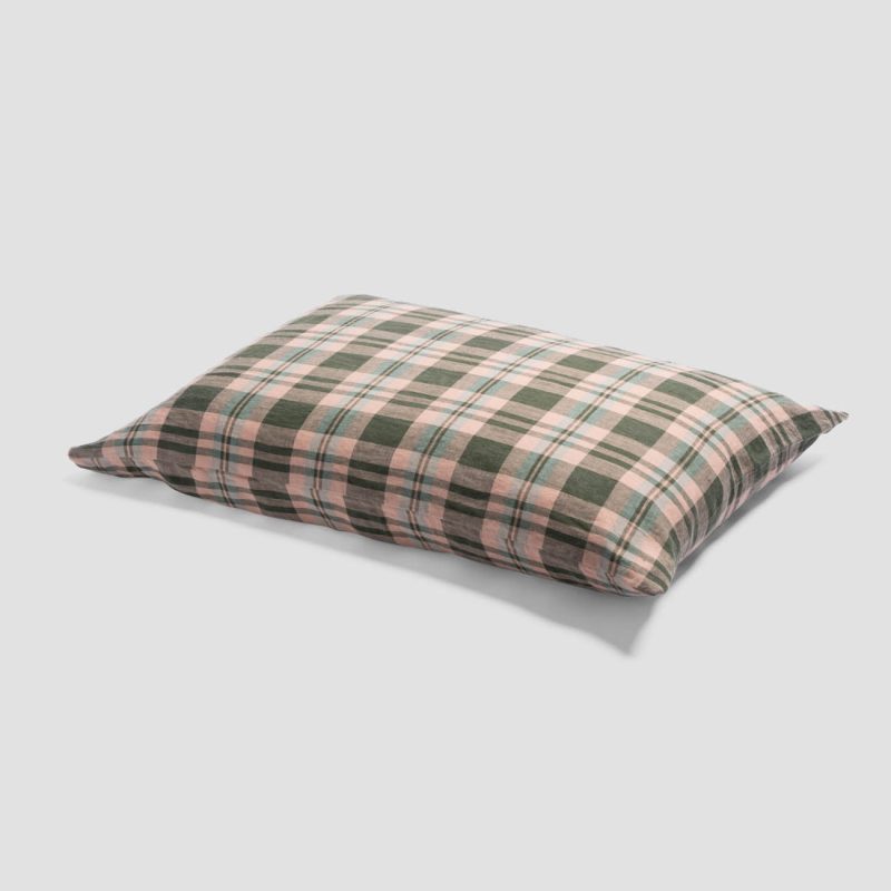 PigletinBed PlaidCheckLinenBedding Pillowcase FernGreen 1 GreyBG